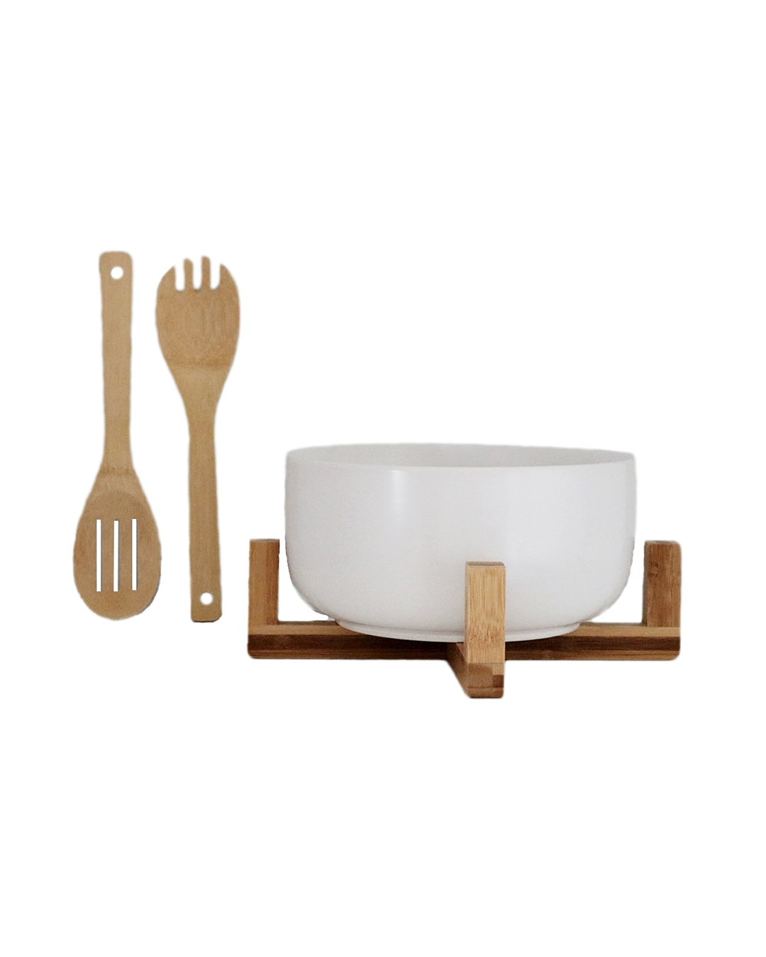 Bol en porcelaine sur socle en bambou avec accessoires - Aperto Bianco - ensemble à salade, bol blanc, socle en bambou