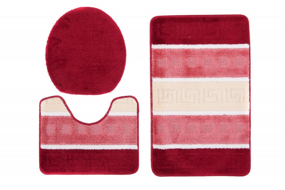 Tapis de salle de bain, ensemble 3 pièces MULTI C5016 RED - antidérapant, rayures, rouge, crème
