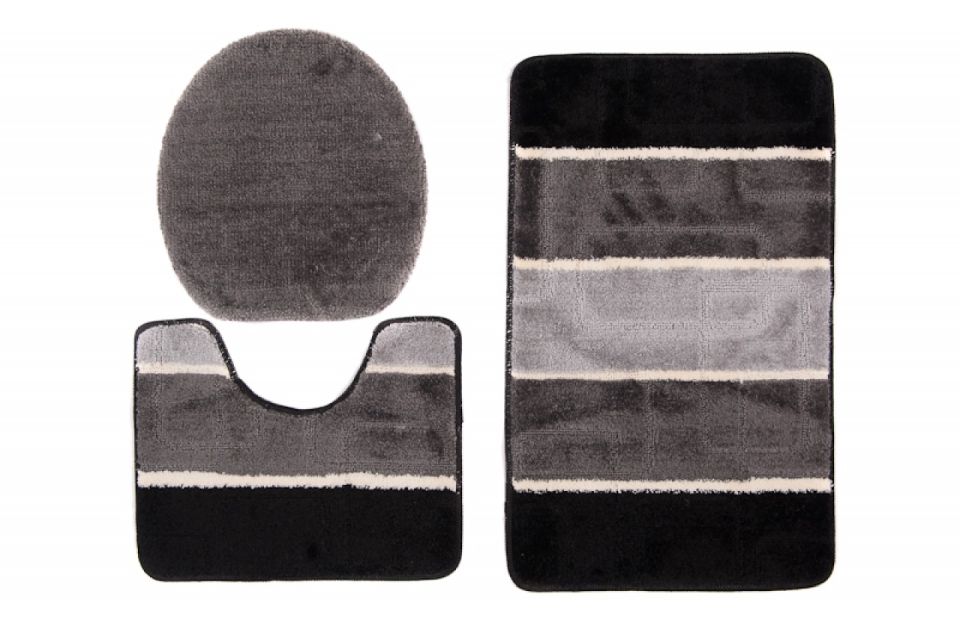 Tapis de salle de bain, ensemble 3 pièces MULTI C5020 BLACK GREY - antidérapant, rayures, noir, gris