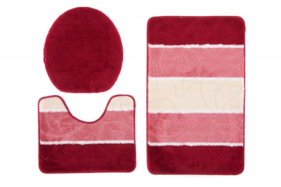 Tapis de salle de bain, ensemble 3 pièces MULTI C5019 RED - antidérapant, rayures, rouge, crème