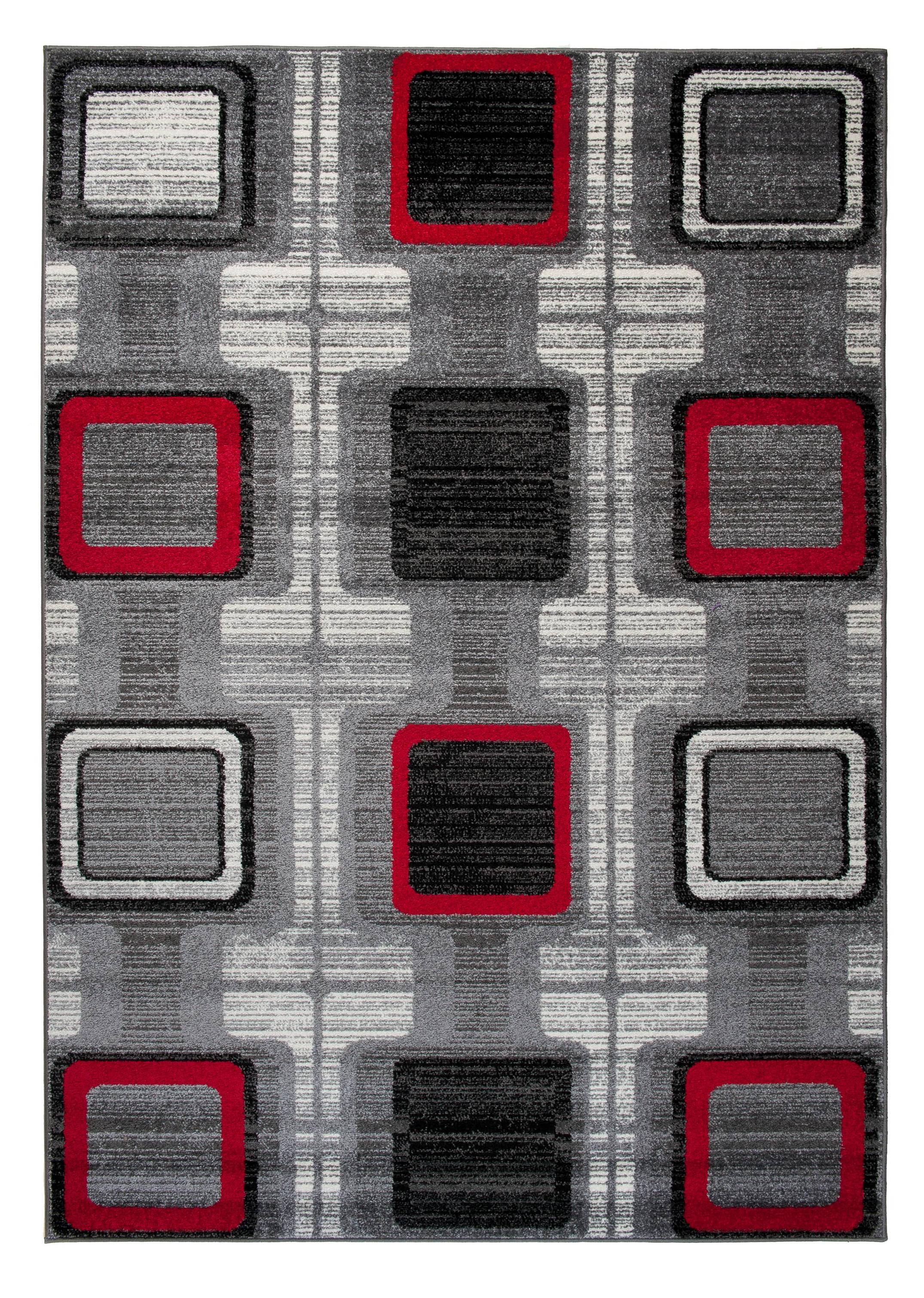 Tapis géométrique Java moderne, grille J383B GRAY - gris, rouge