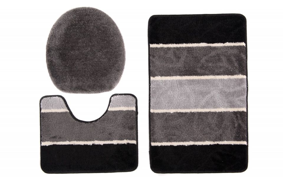 Tapis de salle de bain, ensemble 3 pièces MULTI C5132 BLACK GREY - antidérapant, rayures, noir, gris