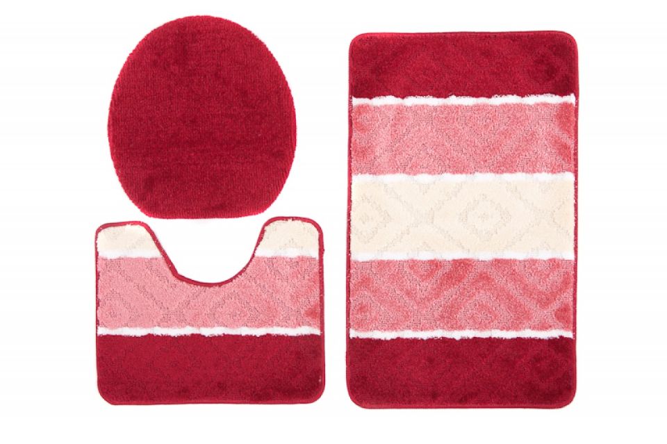 Tapis de salle de bain, ensemble 3 pièces MULTI C5132 RED - antidérapant, rayures, rouge, crème