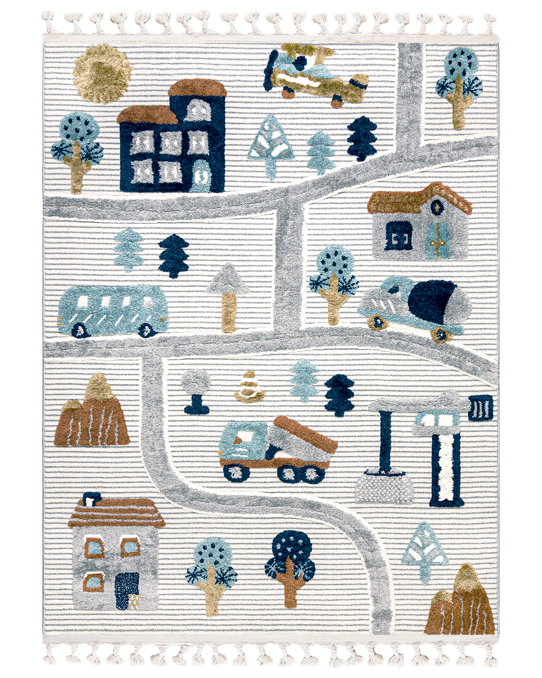 Tapis enfant à franges - Buffo Lilu - routes, rues, crème, bleu, marron