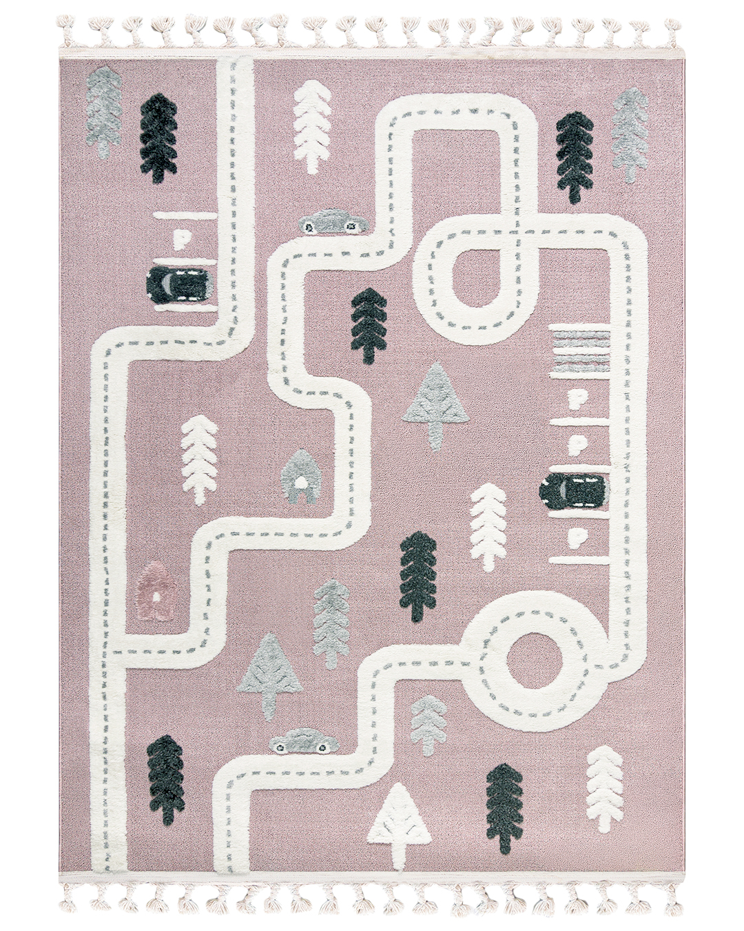 Tapis enfant à franges - Buffo Neli - routes, rues, rose, noir, blanc