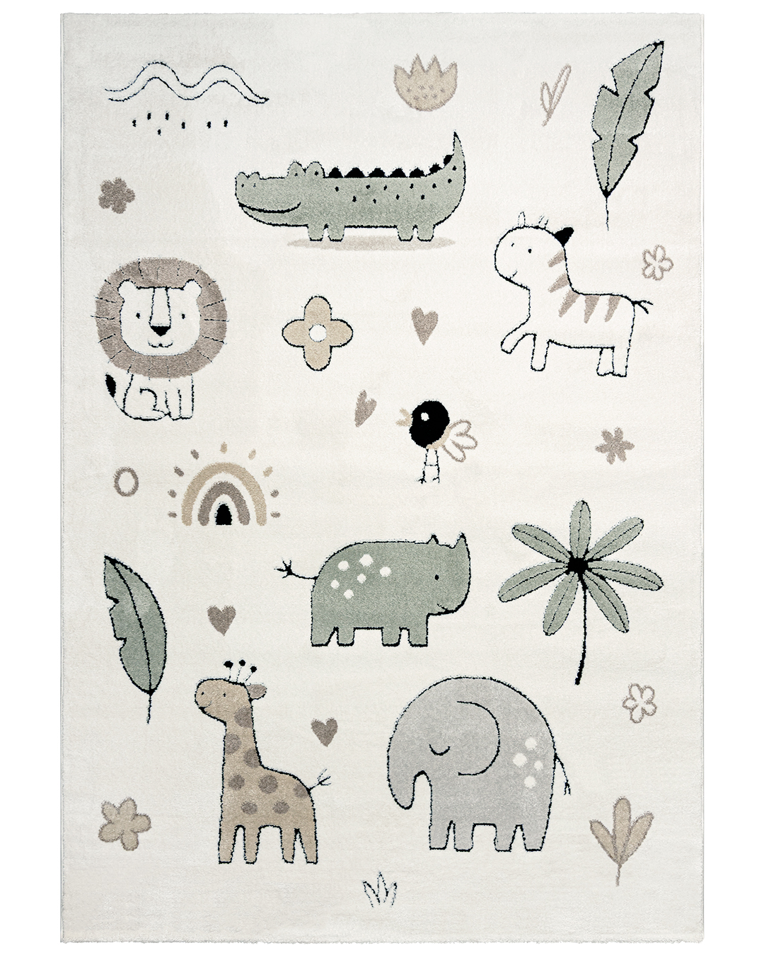 Tapis enfant à motifs animaliers - Elche Animal - crème, gris, vert, poils mi-longs