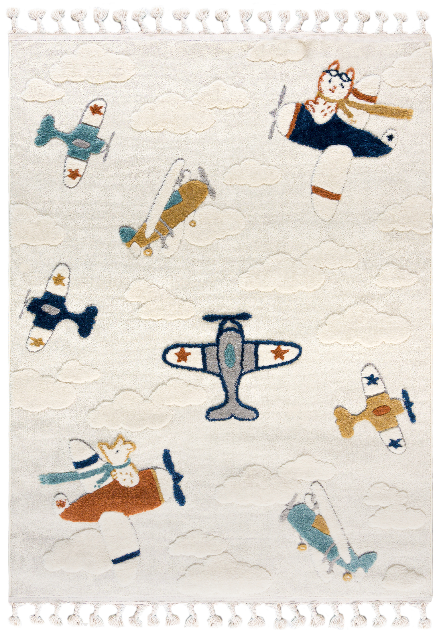 Tapis pour Enfants à Franges - Buffo Aereo - avions, crème