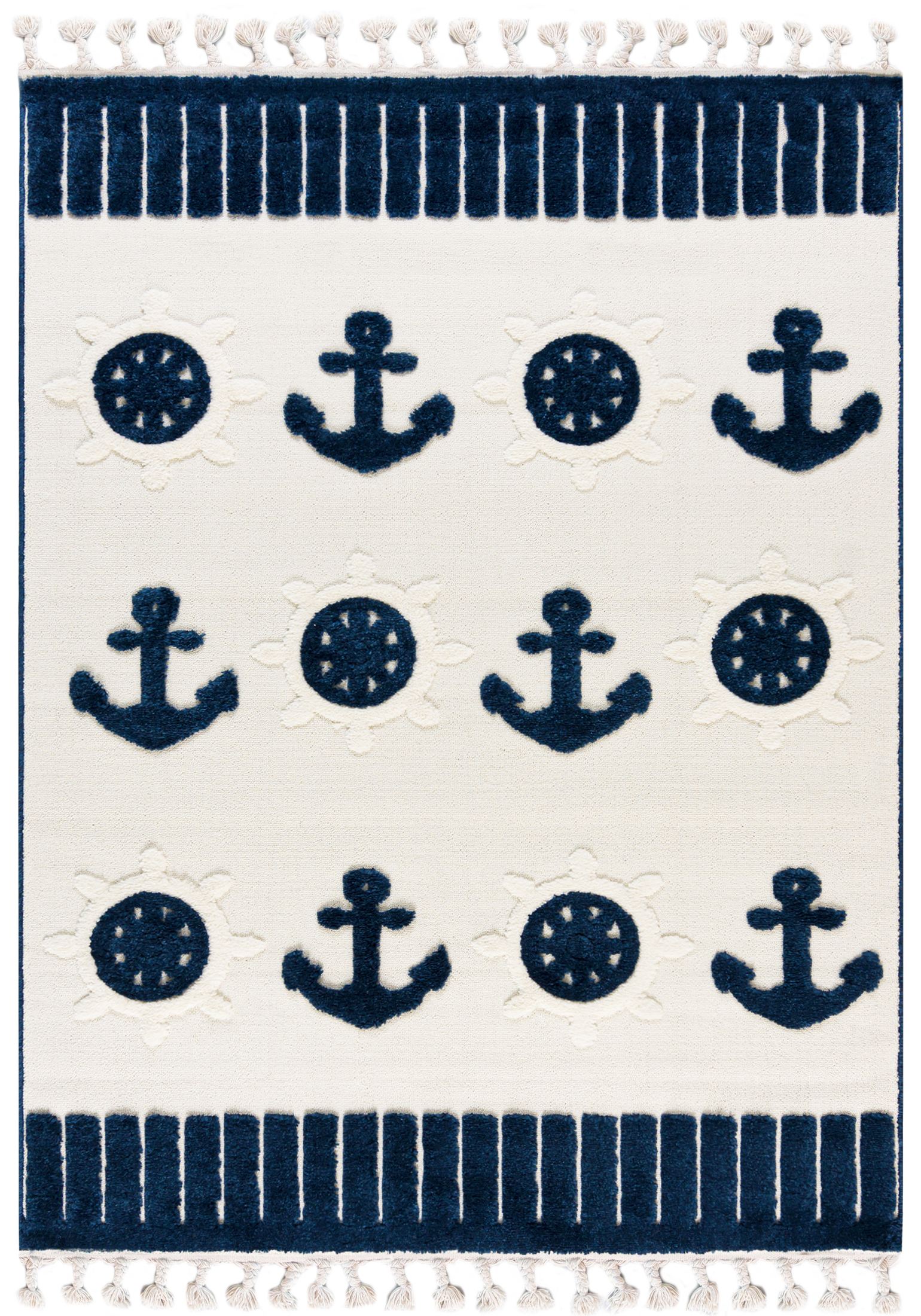 Tapis pour Enfants à Franges - Buffo Mare - ancres, bleu marine, crème