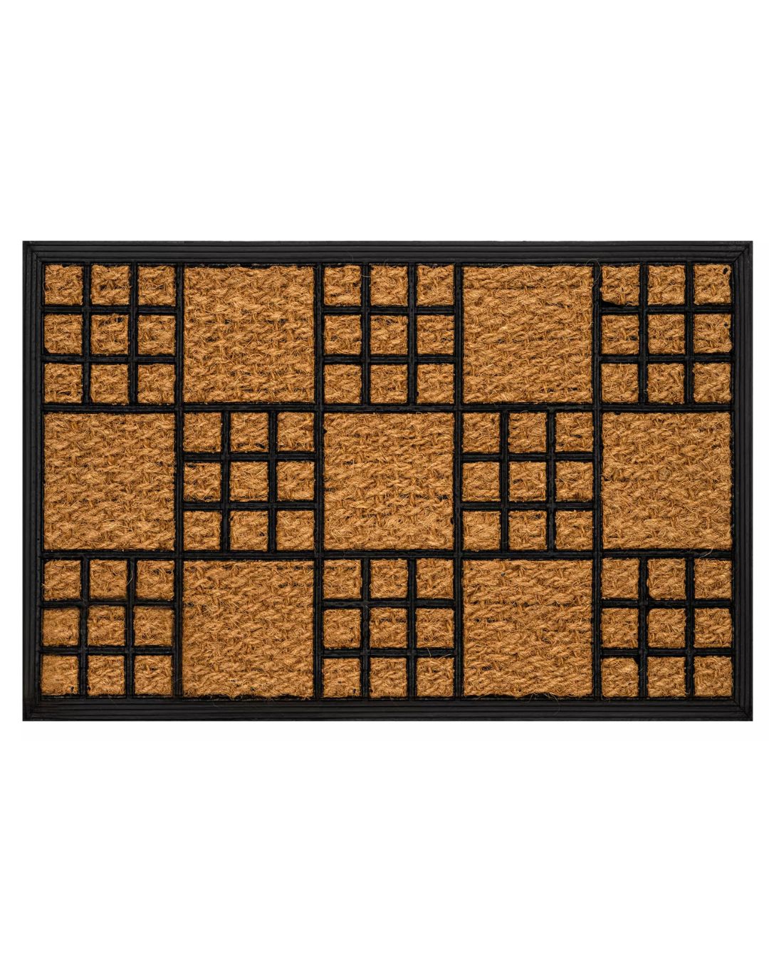 Paillasson en coco - Calla 3114 - beige et noir avec grille géométrique, antidérapant et facile à entretenir