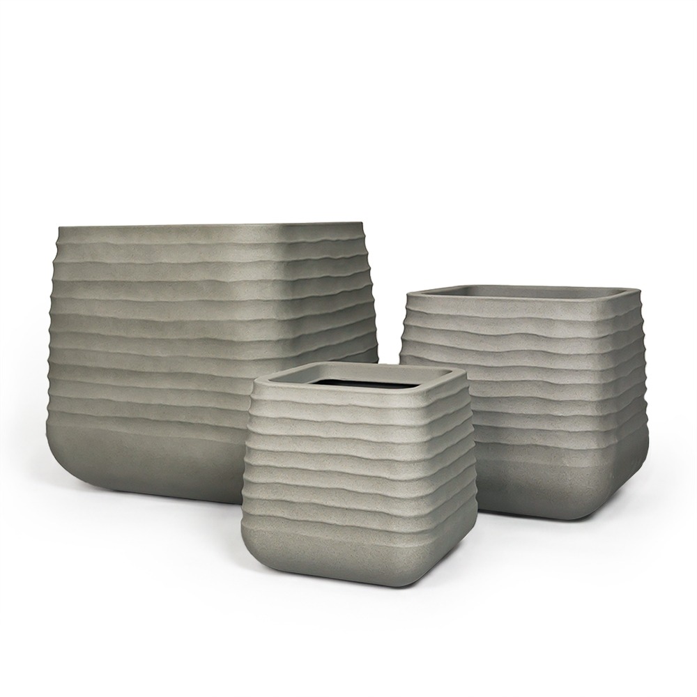 Lot de trois pots de jardin / terrasse, 3 pots carrés – Erba Grey – gris, mats, striés