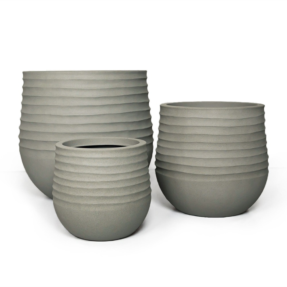Set de pots de jardin / terrasse, 3 pots ronds – Terra Grey – gris, mats, rainurés