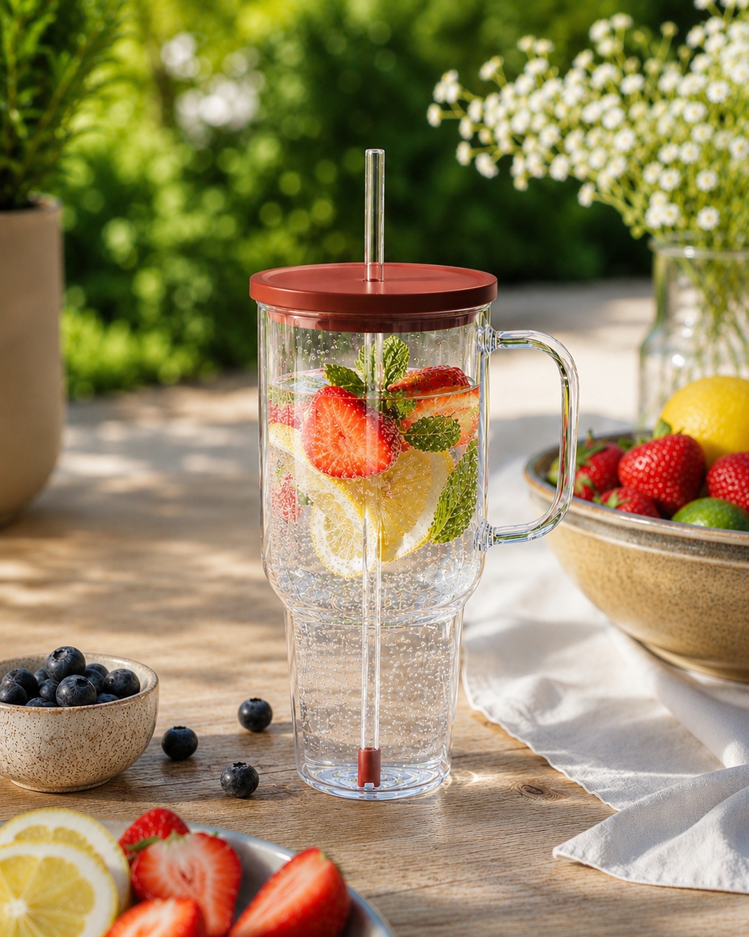 Mug en verre 1,1 l avec paille et couvercle - Gota Transparente - verre borosilicate avec couvercle ambré