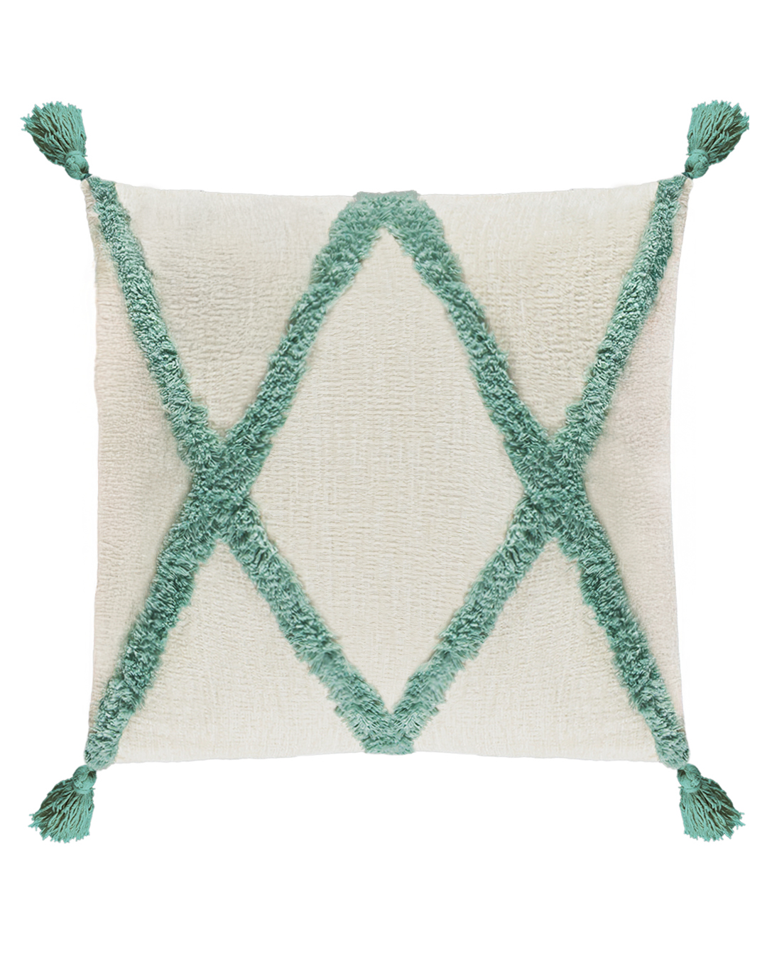 Coussin décoratif avec rembourrage, 45 x 45 cm - Rombo Menta - à franges, brodé, crème, sauge