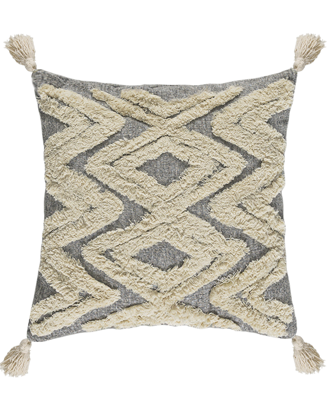 Coussin décoratif avec rembourrage, 45 x 45 cm - Azteco Crema - à franges, brodé, crème