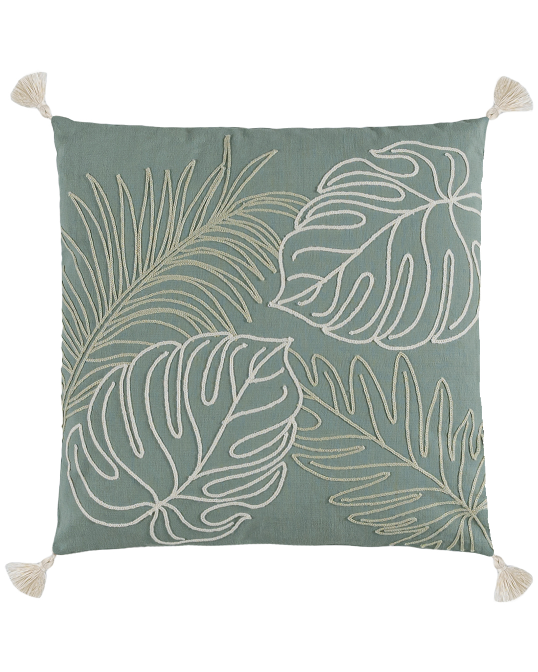 Coussin décoratif avec rembourrage, 45 x 45 cm - Monstera Verde - à franges, motif végétal, vert