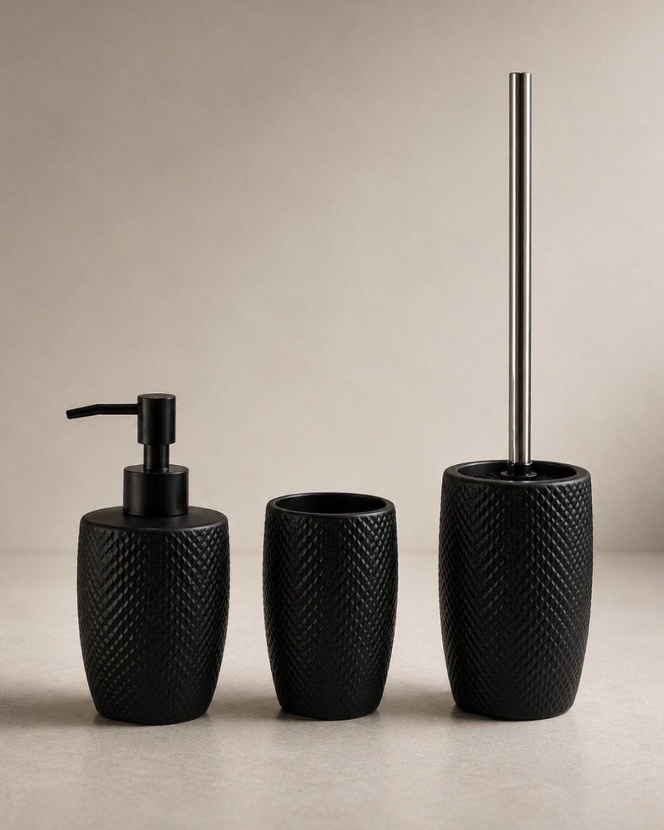 Ensemble de salle de bain Pura – pot à brosses à dents, distributeur de savon et brosse de toilette – noir, style moderne