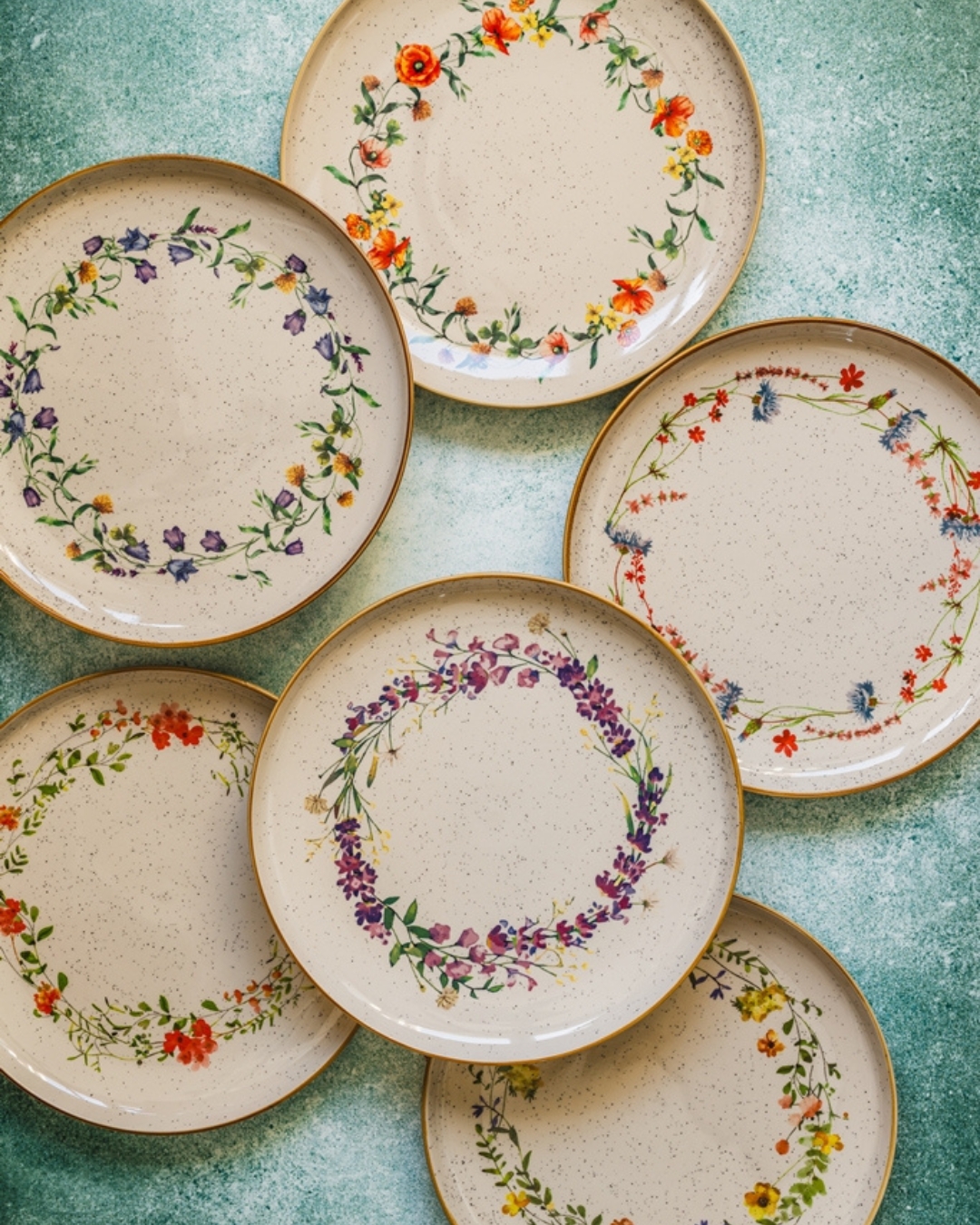 Assiettes plates, rondes 27 cm lot de 6 pièces - Fiori Gusto - beige, fleurs des champs, motif floral, mélange de motifs