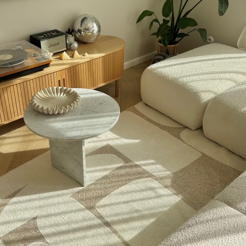 Salon moderne avec un tapis r&eacute;tro beige et cr&egrave;me
